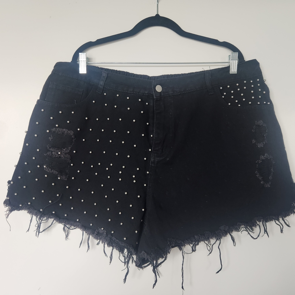 SHEIN Black Studded Distressed Denim Shorts